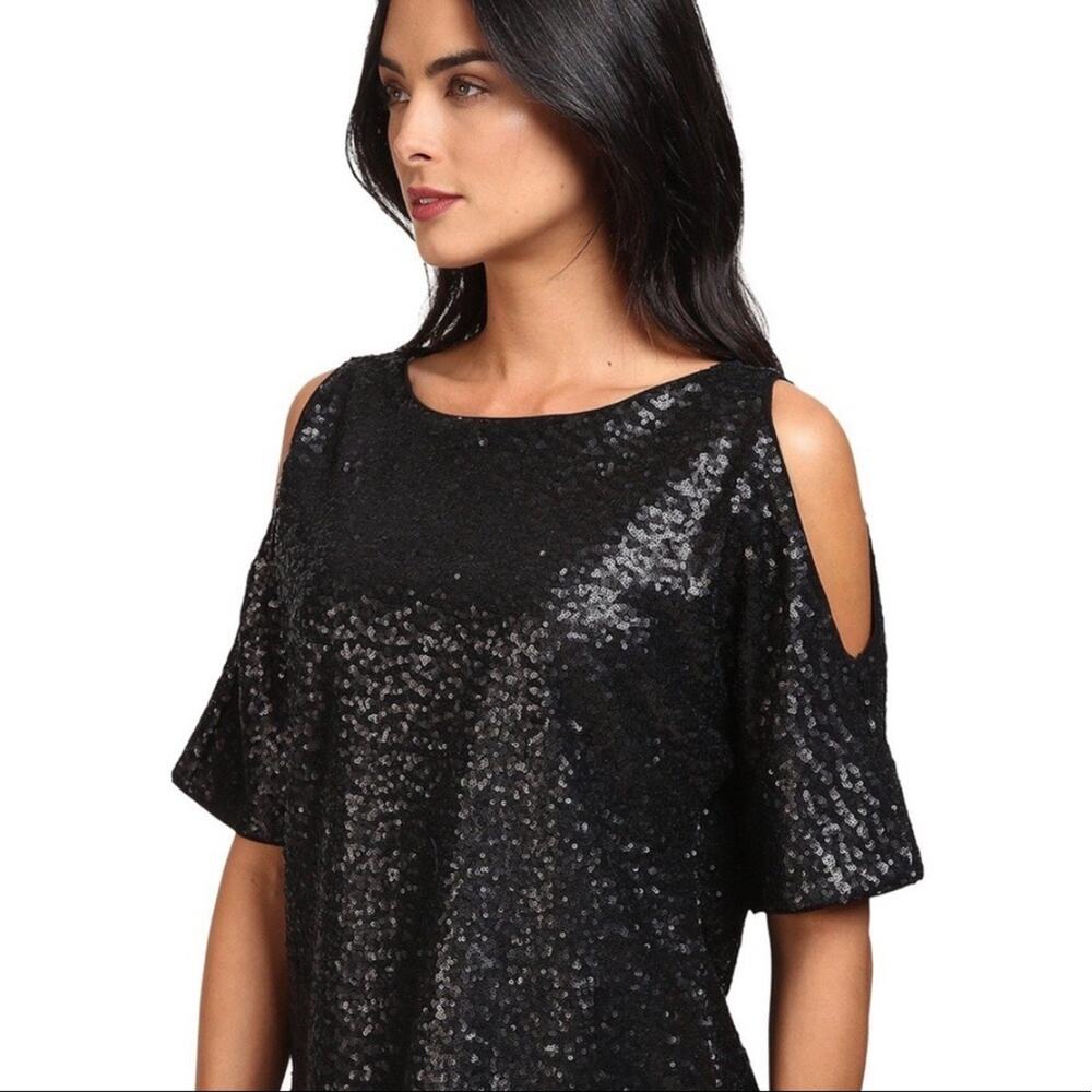SPLENDID Women's Black Sequin Cold Shoulder Blouse Shirt